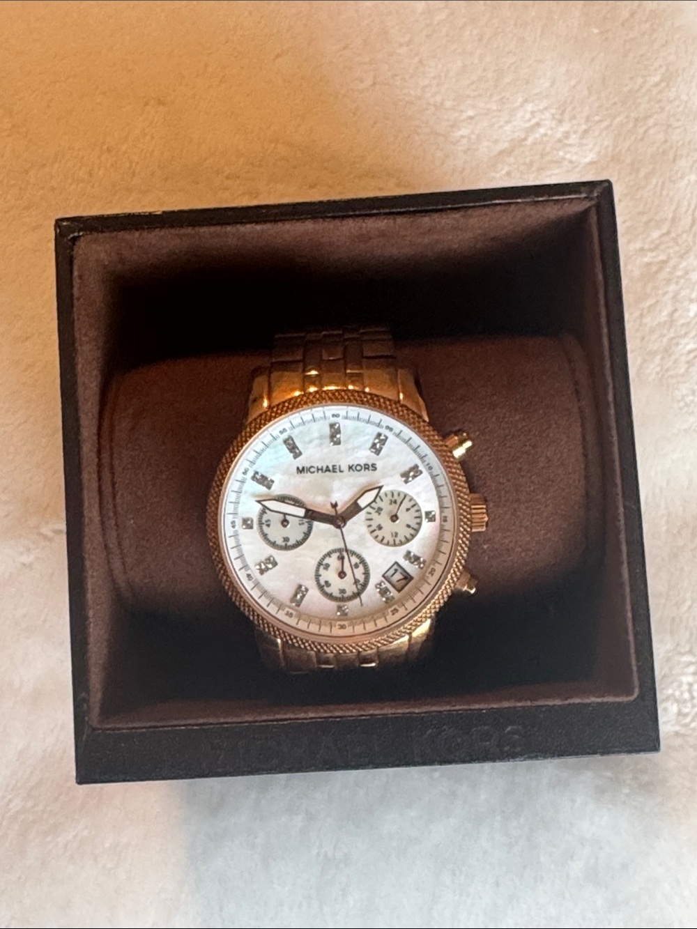 Michael Kors Rose Gold Tone Chronograph Watch with Mother-of-Pearl Dial